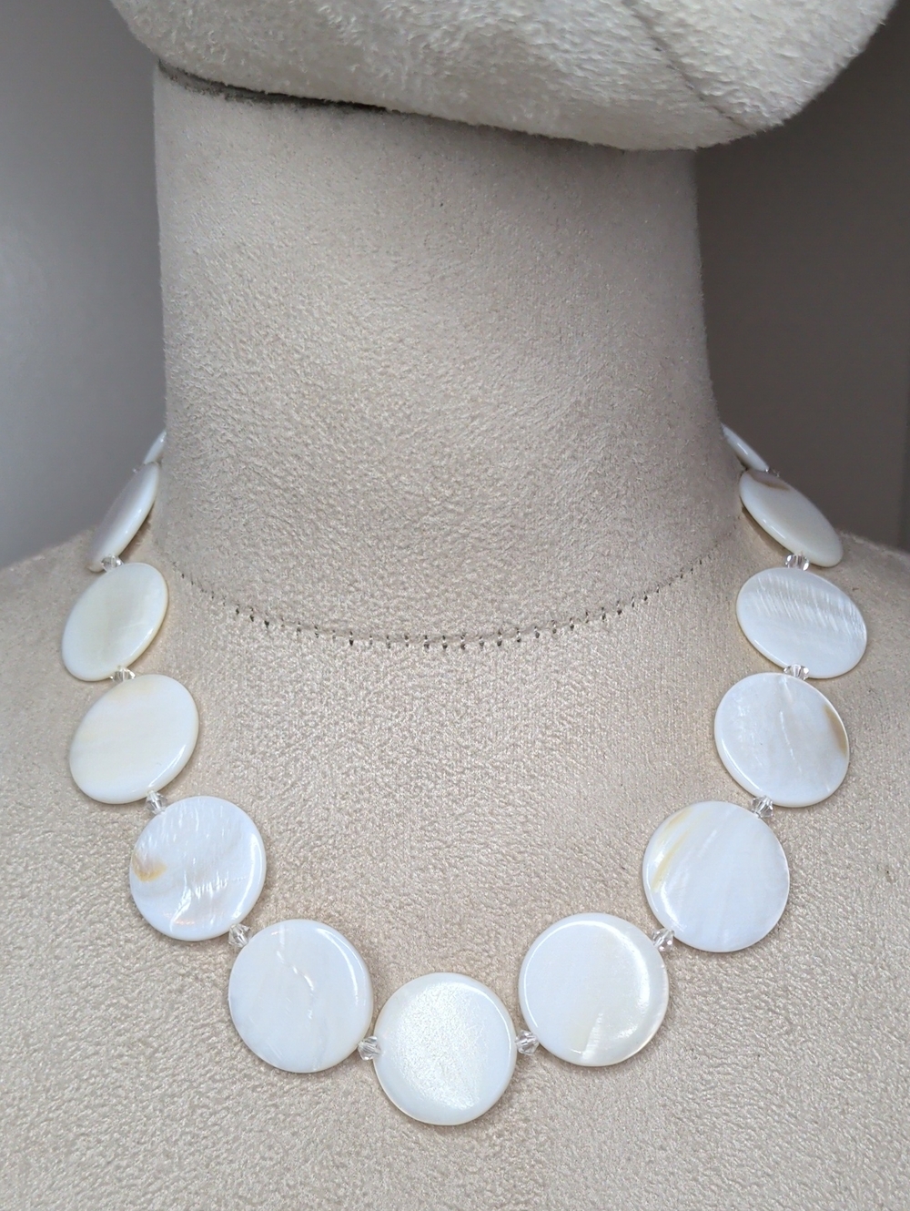 Mother-of-Pearl Necklace White Discs w/ Crystal Spacers Elegant Coastal Grandma